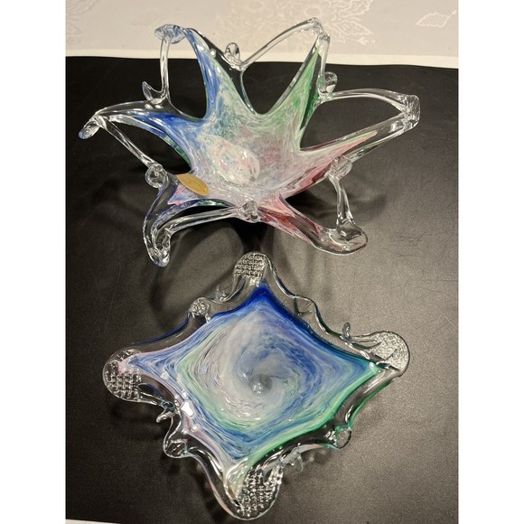 Murano Other - 2 ~ Murano Art Glass Bowls Abstract Sculptures Blue Green Swirl Original Sticker